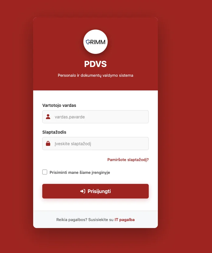 PDVS sign-in window: username, password and a remember-me checkbox
